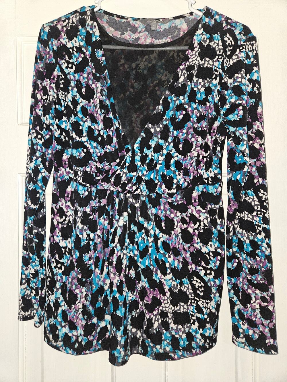 Daisy Fuentes Womens M Jewel Tone Faux Wrap Blouse Sheer Mesh Top